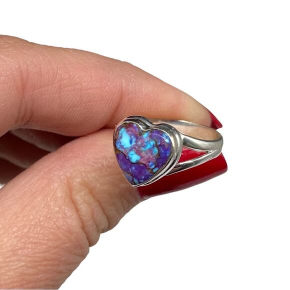 Kingman Turquoise Heart Ring Size 7 Solid 925 Sterling Silver Purple Blue Stone - Picture 6 of 8